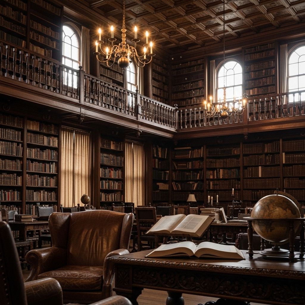 Bibliothèque ancienne avec de grandes étagères remplies de livres de connaissance, lumière chaude et tamisée d'une lampe de lecture, atmosphère studieuse et contemplative