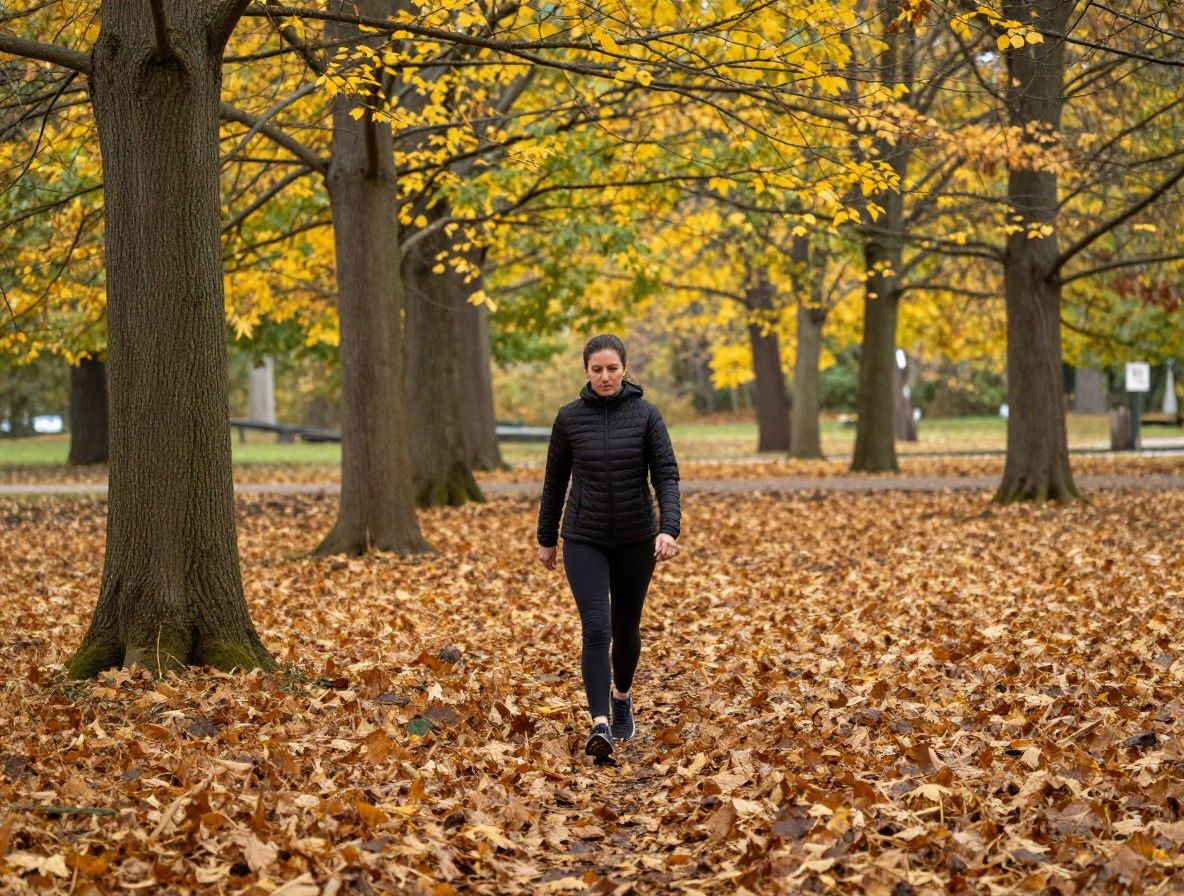 Personne pratiquant une marche matinale dans un parc boisé en automne, entourée de feuilles dorées et d'une lumière filtrée à travers les arbres, atmosphère calme et contemplative