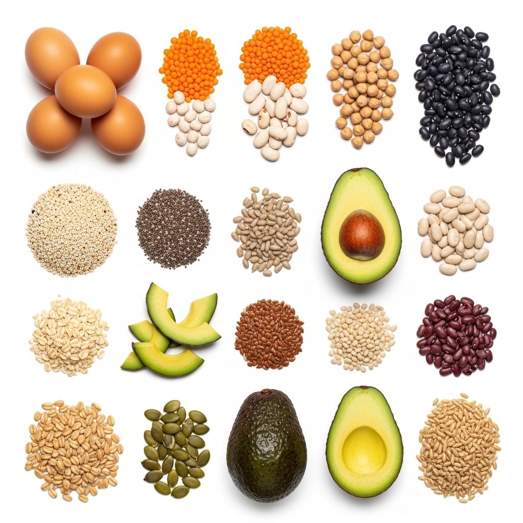 Disposition analytique et soignée de différents aliments représentant les macronutriments : œufs, légumineuses, avocats, graines et céréales complètes sur fond blanc épuré, style photographique scientifique