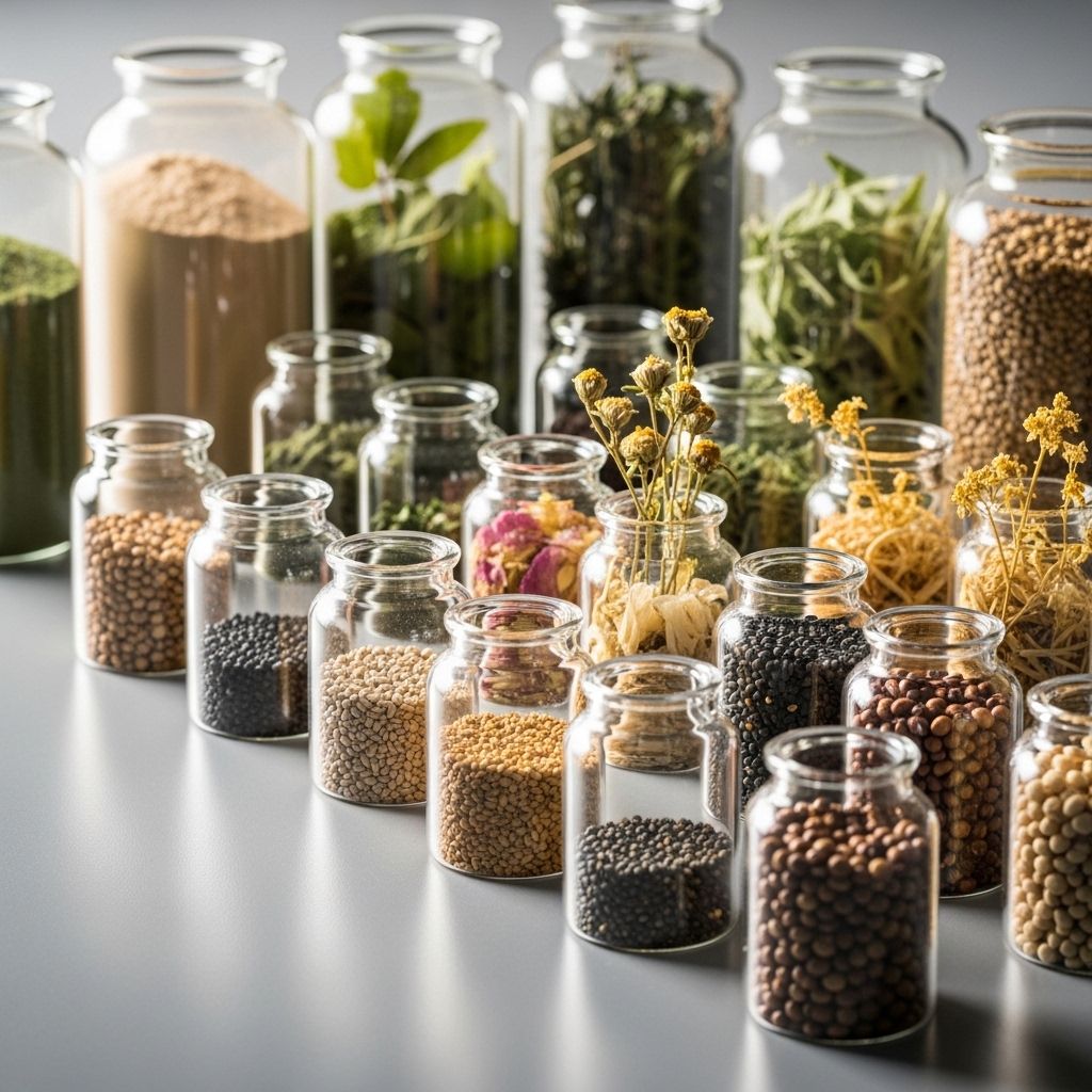 Table de laboratoire avec des flacons en verre contenant des poudres naturelles, des plantes séchées et des graines, lumière naturelle de côté, ambiance scientifique et analytique neutre sans marques visibles