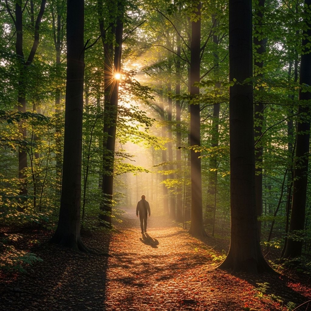 Paysage naturel serein au lever du soleil avec une personne marchant sur un chemin forestier entouré d'arbres verts et de lumière dorée matinale, symbolisant le bien-être et l'équilibre de vie