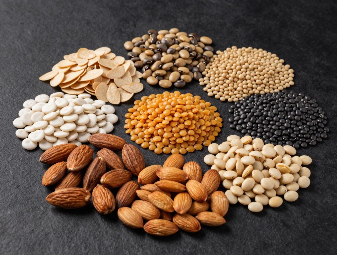 Composition artistique sur ardoise noire de différents groupes alimentaires : noix et amandes pour les lipides, lentilles et pois chiches pour les protéines, et céréales dorées pour les glucides, photographié en lumière douce et chaude