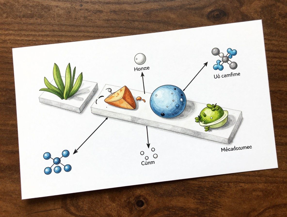 Illustration schématique épurée sur fond blanc représentant un cycle métabolique simplifié avec des flèches organiques, des icônes de molécules et des formes géométriques représentant l'énergie cellulaire