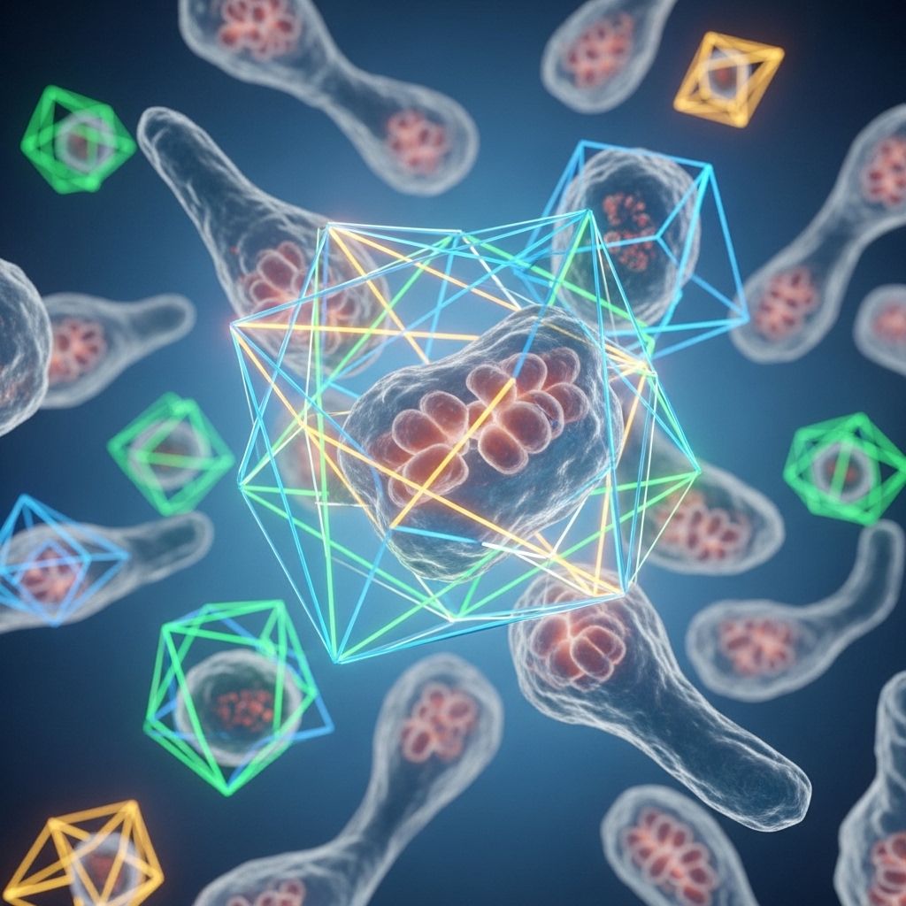 Vue abstraite et artistique de cellules organiques en mouvement avec des formes géométriques lumineuses représentant l'énergie métabolique, tons bleus et verts sur fond sombre, science visuelle conceptuelle