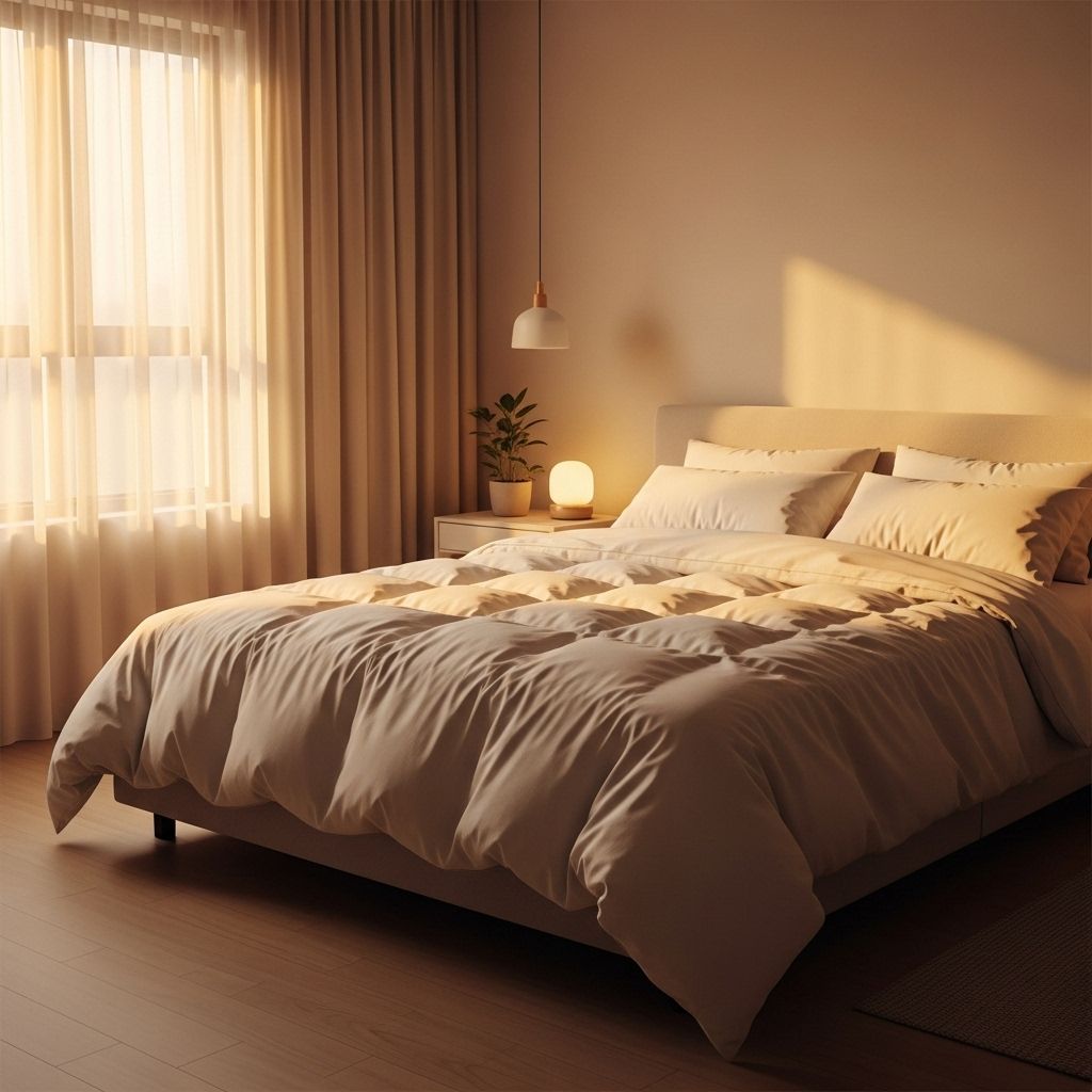 Chambre à coucher calme et apaisante avec literie blanche immaculée, lumière tamisée dorée d'une lampe de chevet, plante verte en pot sur une table de nuit en bois, atmosphère de repos profond et de récupération