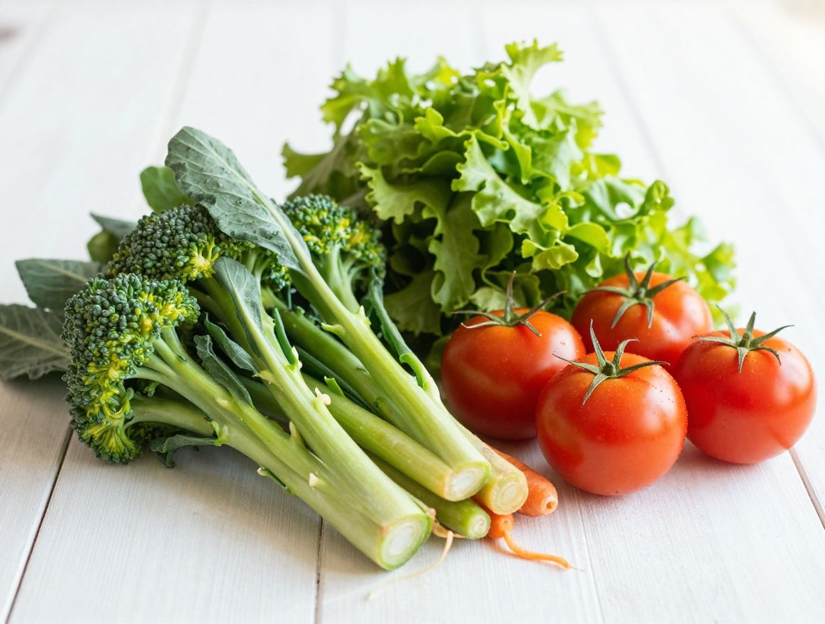 Assortiment de légumes frais et colorés sur une table en chêne – brocoli vert, carottes orangées, tomates rouges et épinards foncés – photographié en lumière naturelle chaude avec une profondeur de champ artistique