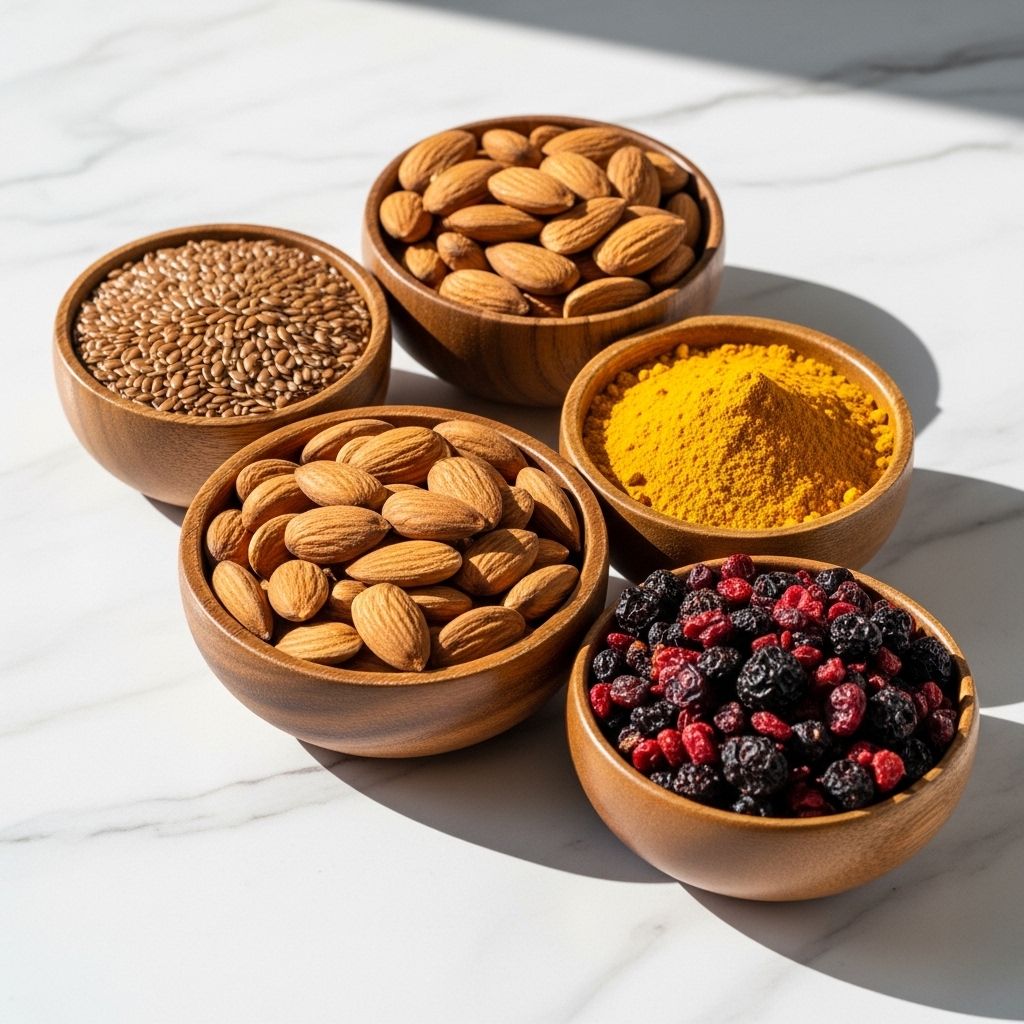 Bols en bois contenant différentes graines, noix et poudres naturelles comme des graines de lin, des amandes, du curcuma en poudre et des baies séchées sur une surface de marbre blanc, représentation naturelle des compléments alimentaires d'origine végétale