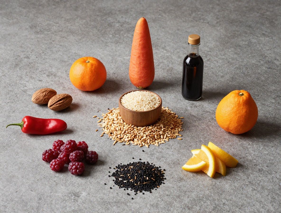 Balance alimentaire en bois posée sur une surface en pierre grise avec des aliments naturels disposés artistiquement autour – noix, graines, légumes secs et fruits frais – dans une lumière douce et naturelle